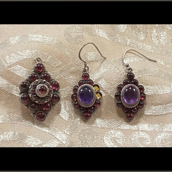 Sterling Garnet Pendant & Garnet & Amethyst Sterling Pierced Earrings #7853 - Picture 2 of 5